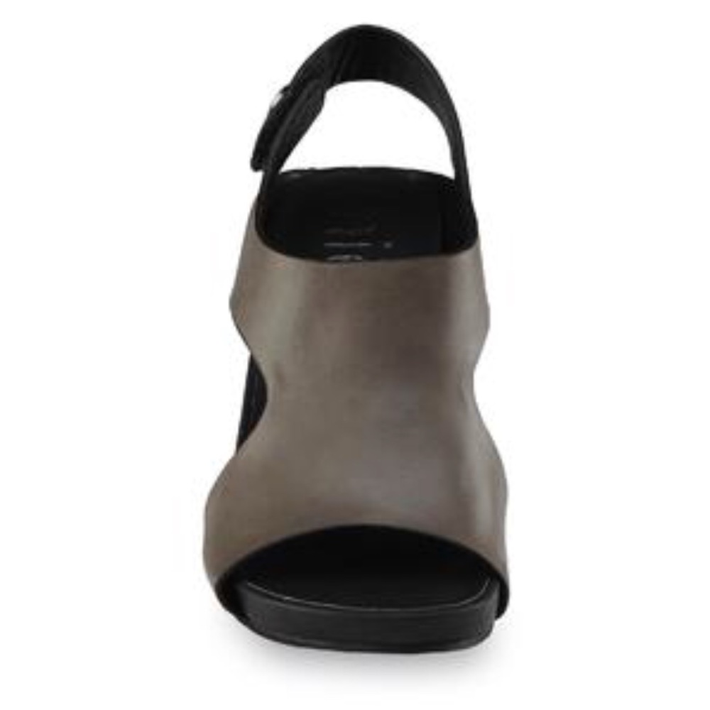 Gray Leather Cut Out Peep Toe Wooden Clog - Picture 2 of 7